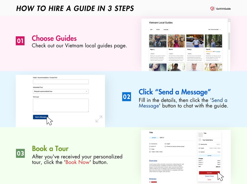 A three step guide to booking a private tour in Vietnam on the GoWithGuide website.