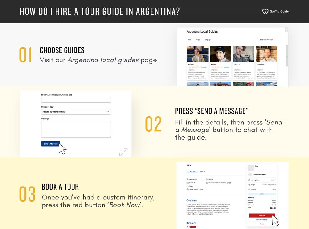 Three images with a three step instruction text next to each image explaining how to hire a guide on the GoWithGuide platform