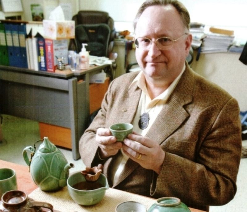 Seoul Private Tour - In my office, enjoying Korean Green Tea in replica-mediaeval ceramics