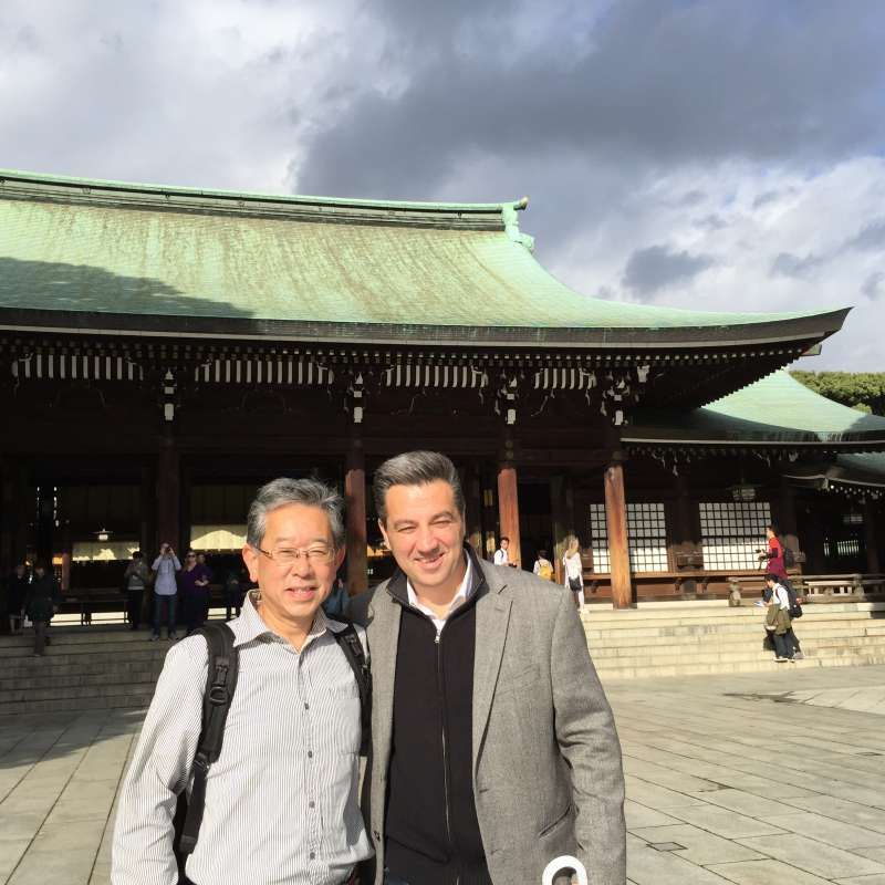 Kanagawa Private Tour - In front of Meiji Shrine main hall with the guest from France.