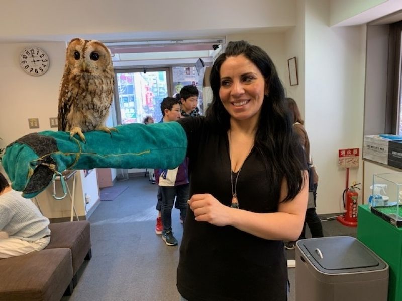 Chiba Private Tour - My guest  enjoyed putting an owl on her arm at the owl cafe. (1/2)