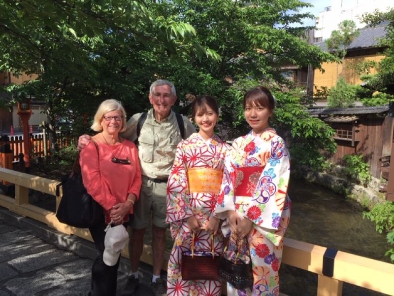 Kobe Private Tour - Nice couple with kimono clad women at Kyoto's Gion Shirakawa which still retains Maiko's traditional culture among others