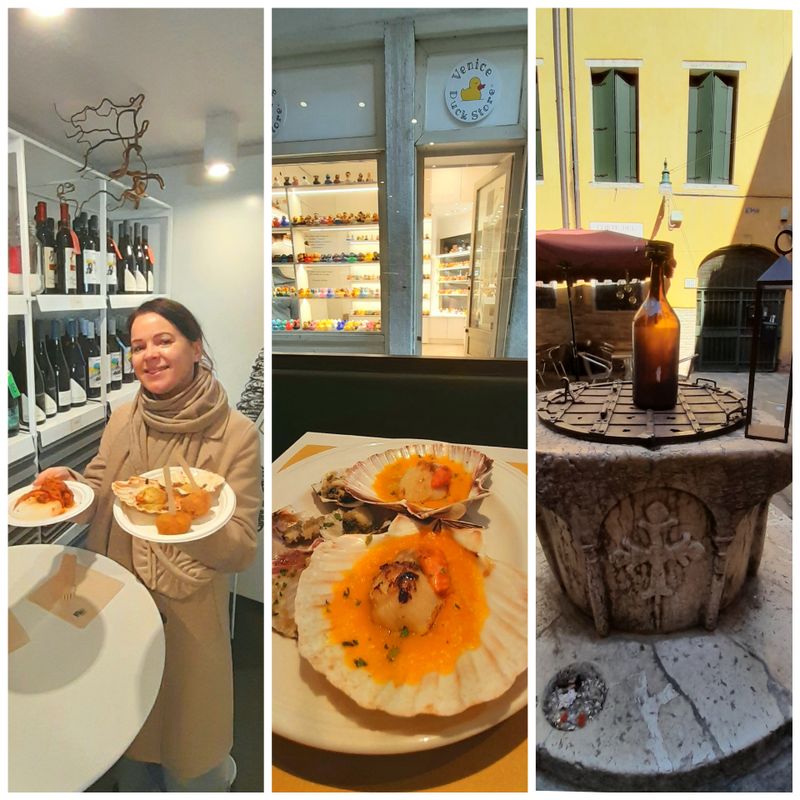 Venice Private Tour - Local cichetti - stuffed scallops, fishballs and cichetti with small octopus. Winebar's yard