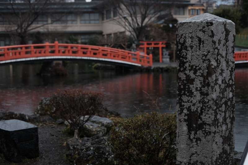 Shimizu Private Tour - Wakutama Pond in the rain. The picturesque foot bridge is one of the popular photo spots in the shrine.