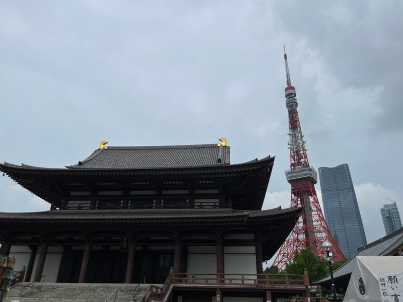 Tokyo Private Tour - Old and modern, the main building of Zojo-ji Temple with Tokyo Tower and a highrise in the background