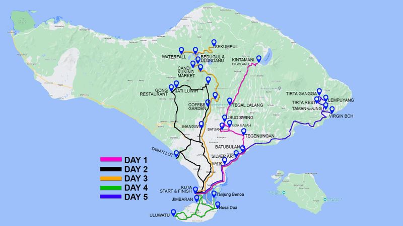 Bali Private Tour - Bali 5 Days Tour Map Itinerary