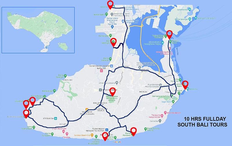 Bali Private Tour - Route map of Southern Bali Tour