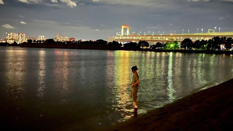 Tokyo Private Tour - beautiful lady on the beach and the Rainbow Bridge.