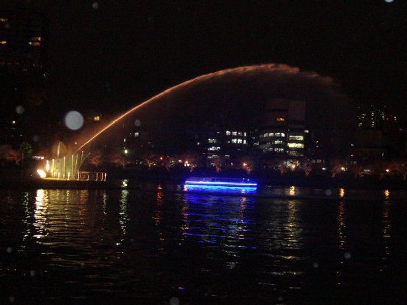 Osaka Private Tour - The fountain is squirting and a boat is cruising at night