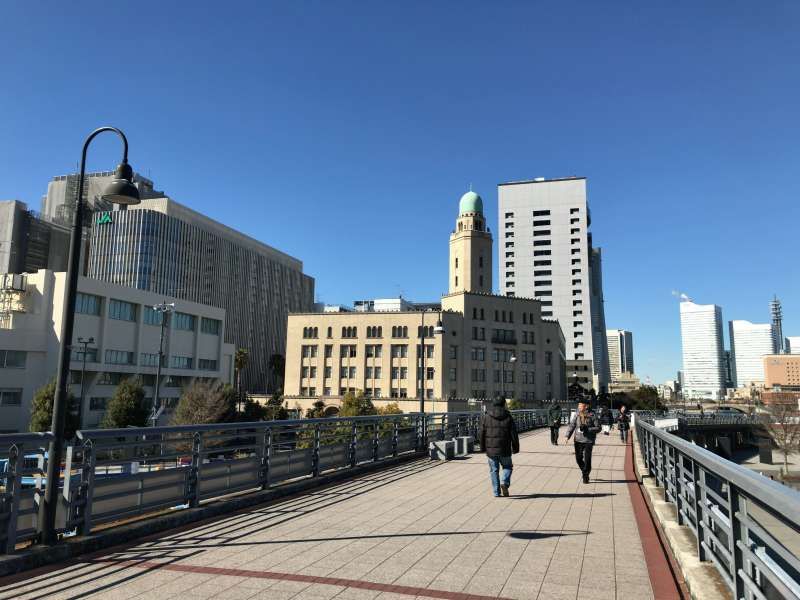 Yokohama Private Tour - Yamashita Rinko Line Promenade used to be an elevated railway, with Queen's Tower - Yokohama Customs building - nearby, in Kannai area