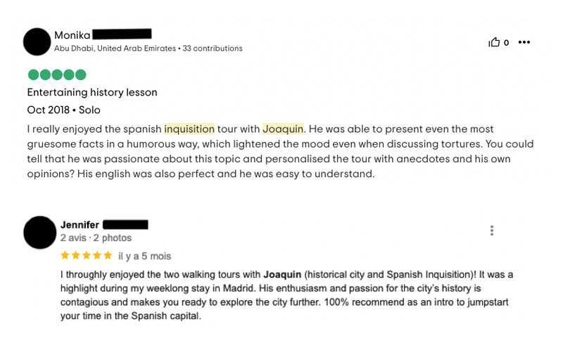 Madrid Private Tour - Reviews from previous Inquisition tours.