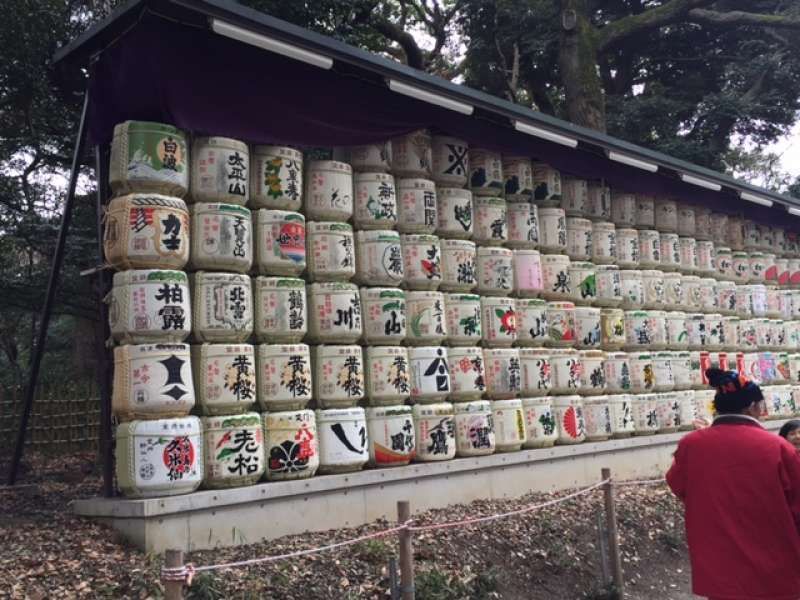 Tokyo Private Tour - A lot of Sake barrels from different local areas of Japan are displayed to dedicate to Shinto Deity. 
Emperor Meiji are said to love French red wines as well as Japanese sake. 