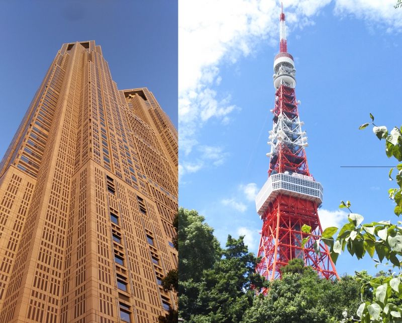 Tokyo Private Tour - On the left :   Tokyo Metropolitan Government Office Building　
On the right :   Tokyo tower.
Both are Godzilla's favorite. 