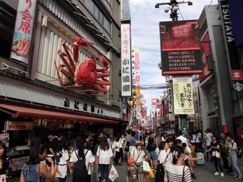 Osaka Private Tour - Dotonbori street with billboard of Crab, Kamidoraku.