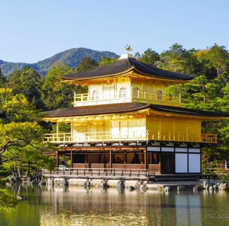 Osaka Private Tour - Golden Pavilion (Kinkaku) seen across the pond and the image reflected on it 