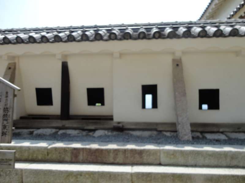 Ehime Private Tour - There are openings on the wall. They are loopholes. The square ones were for snipers, and the rectabgular ones were for archers.