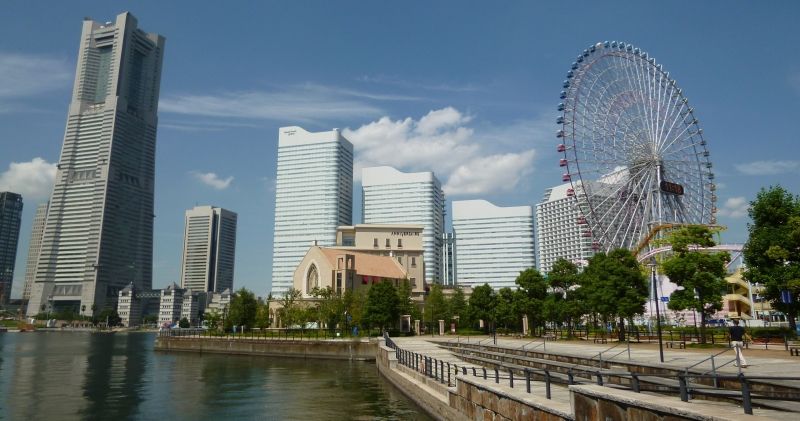 Yokohama Private Tour - View of Minato Mirai from the walking path between the International Ferry Terminal and the Landmark Tower. (#A1)