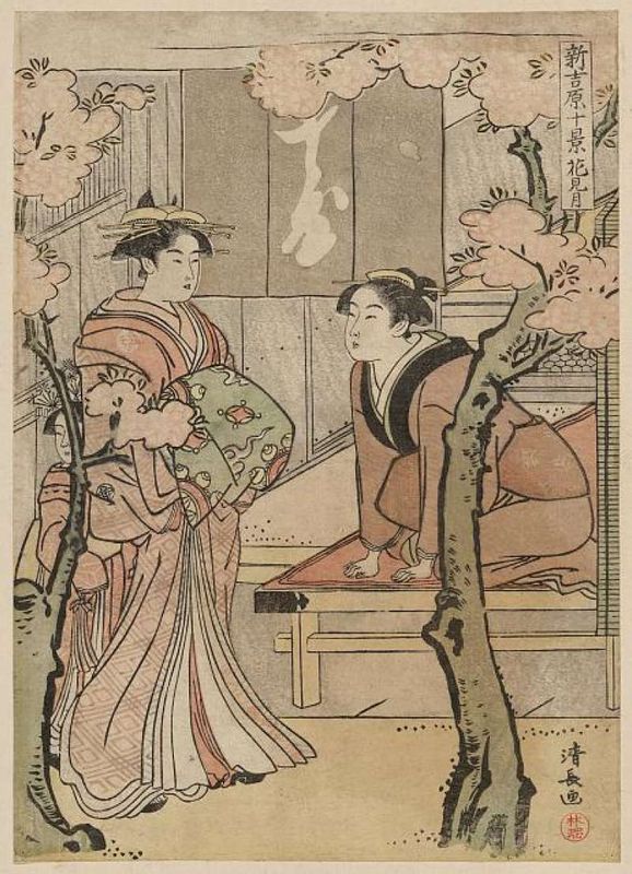 Tokyo Private Tour - Ukiyoe, Woodblock print (image of Ukiyoe, this is not shown in Ohta ukiyoe museum)
(This is  created between 1785 and 1789.  Print shows two women and a child outside a building with cherry trees in blossom.)

