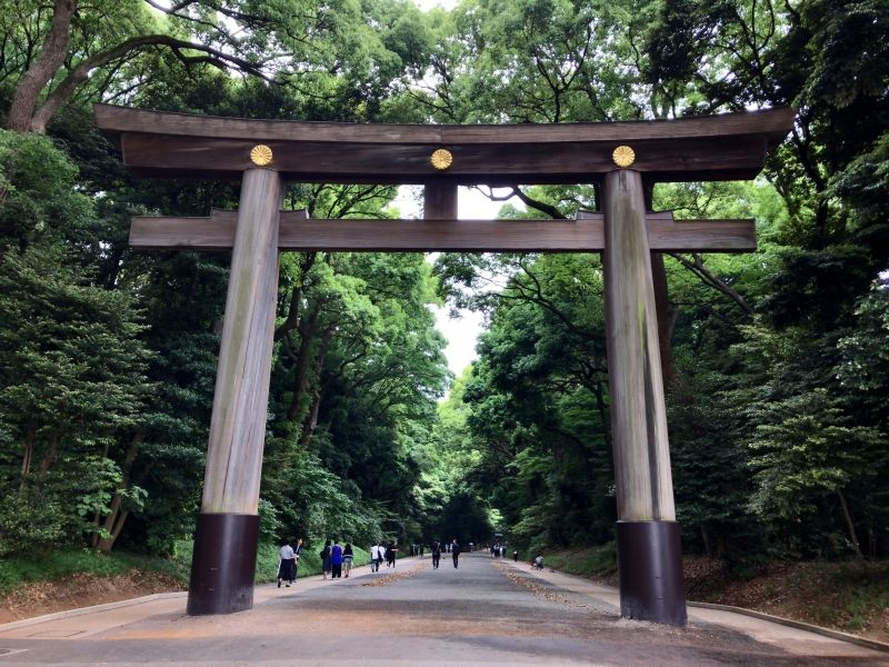 Yokohama Private Tour - A torii gate of Meiji Jingu Shrine enshrining the deified spirits of Emperor Meiji and Empress Shoken who led Japan's modernization, guarded by a magnificent forest, in Harajuku area 