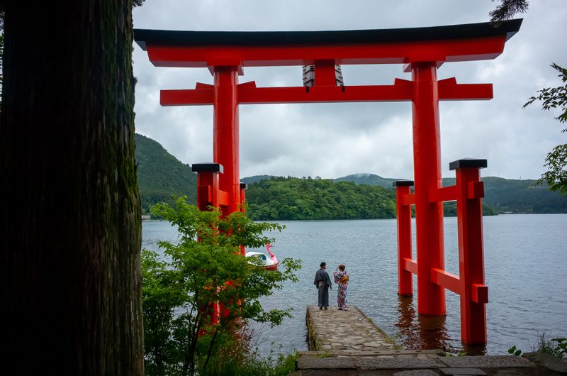 Tokyo Private Tour - Hakone Shrine has been a protector of Hakone. Its Torii Gate on the lake shore.