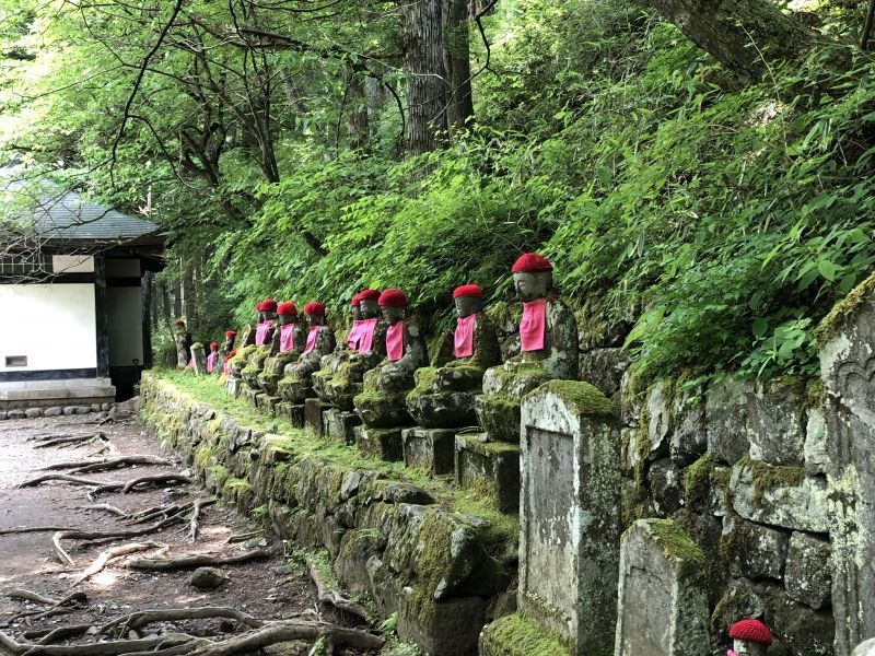 Tochigi Private Tour - Jizo statues in Kanmangafuchi abyss,
In the wooded area of Nikko's Kanmangafuchi abyss stand a row of stone Jizo statues. Nobody knows for sure how many statues there are because each time you count them, you end up with a different number because their apparently ghostly nature and disappearing tricks. Due to this, they are also called Bake Jizo or Ghost Jizo"  Jizo is one of Japan's most beloved deities and is regarded as Bodhisattva who cares for travelers and lost souls and is also the guardian of children.