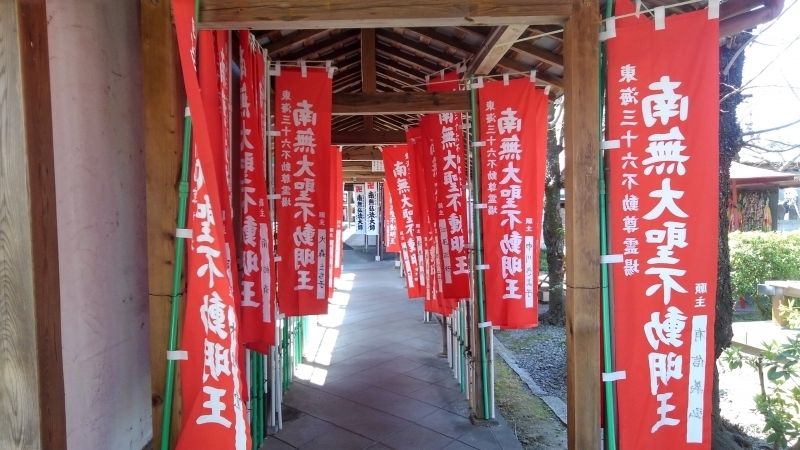 Gifu Private Tour - you can see the vermilion colored flags in the precincts of the temple