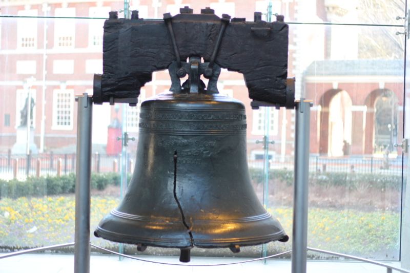 Philadelphia Private Tour - The Liberty Bell.  Cracked on test ring in 1751.  Melted and recast by resourceful Philadelphia craftsmen, Pass and Stow; then cracked again in 1846 commemorating George Washington's birthday.