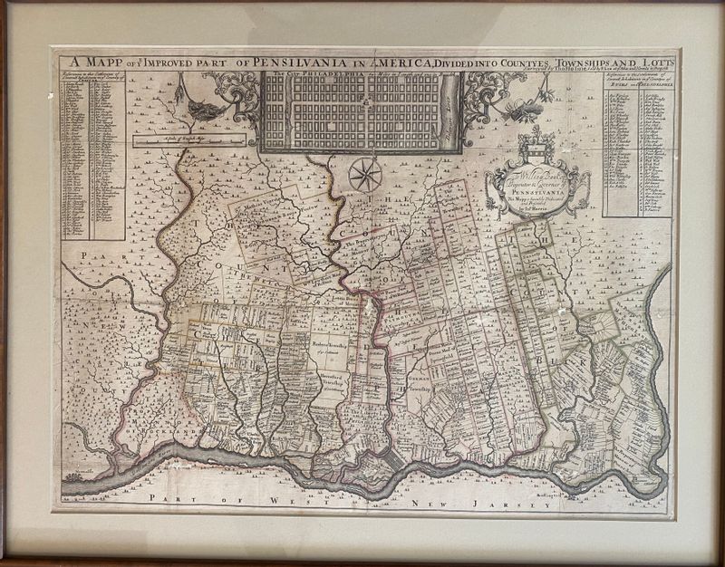 Philadelphia Private Tour - Early map of Philadelphia, William Penn's "greene country towne".  Surveyed by Thomas Holme: "A Mapp of Ye Improved Part of Pensilvania in America Divided into Countyes, Townships and Lotts." London, c.1687.