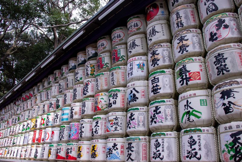 Tokyo Private Tour - Meiji Jingu shrine Sake barrels display