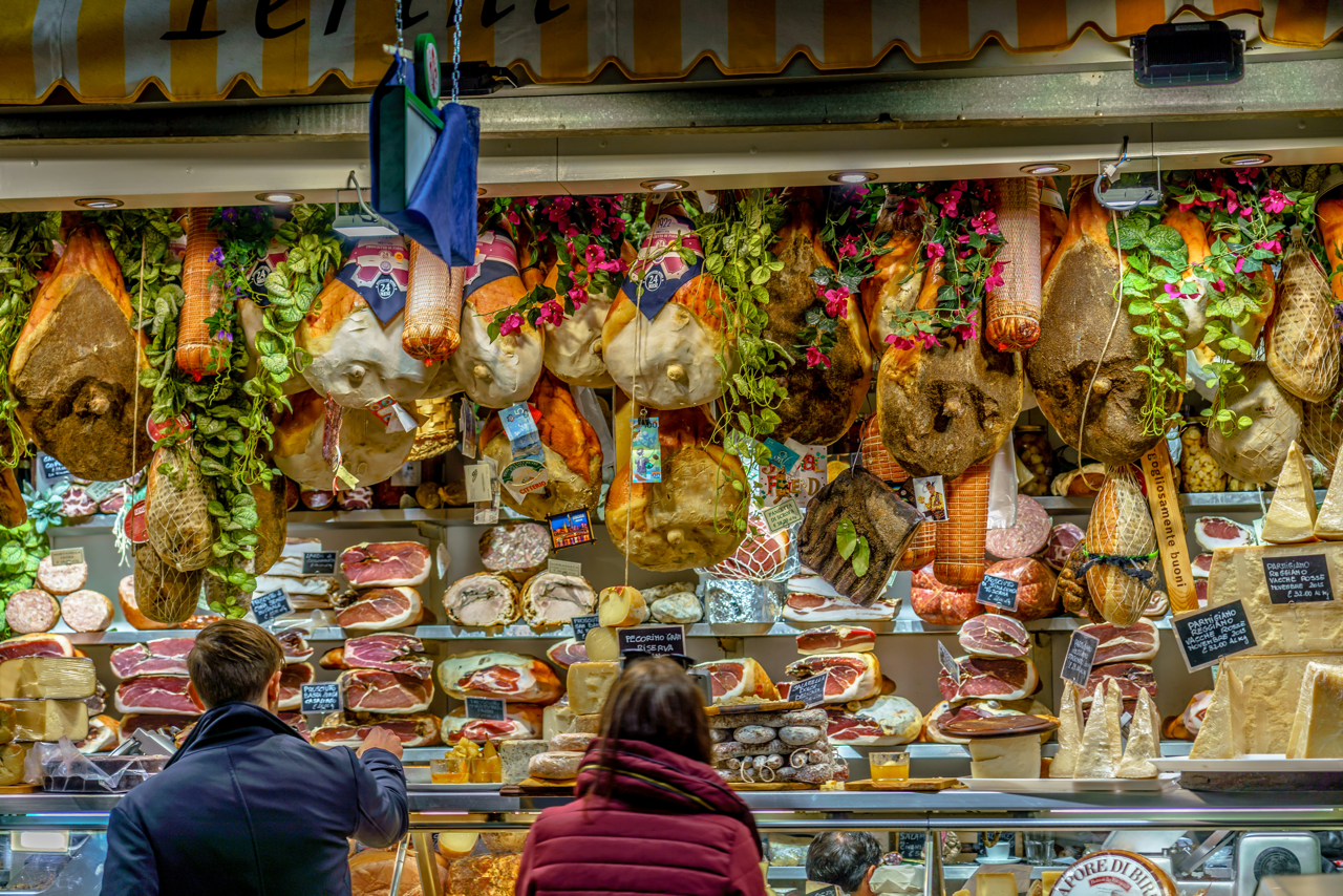 A meat stall int he Mercato Centrale in Florence, Italy