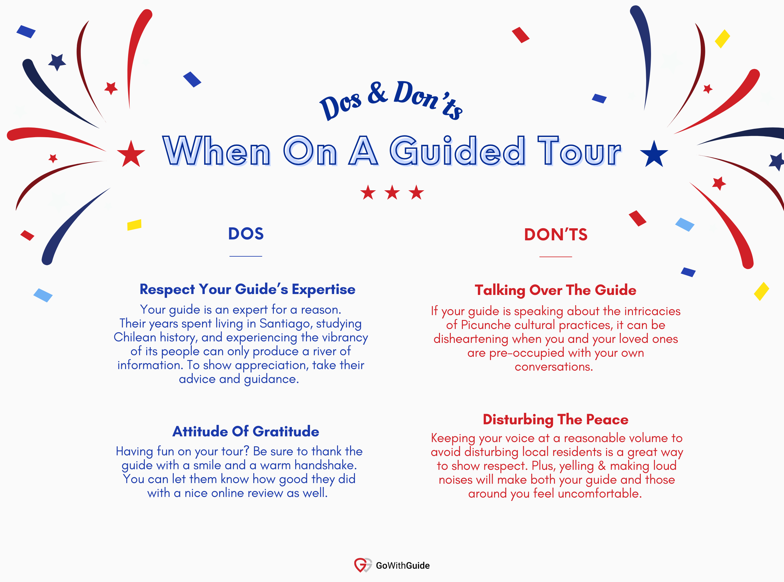 An infographic with two dos and two dont's for when you're on a guided tour in Santiago de Chile part 1