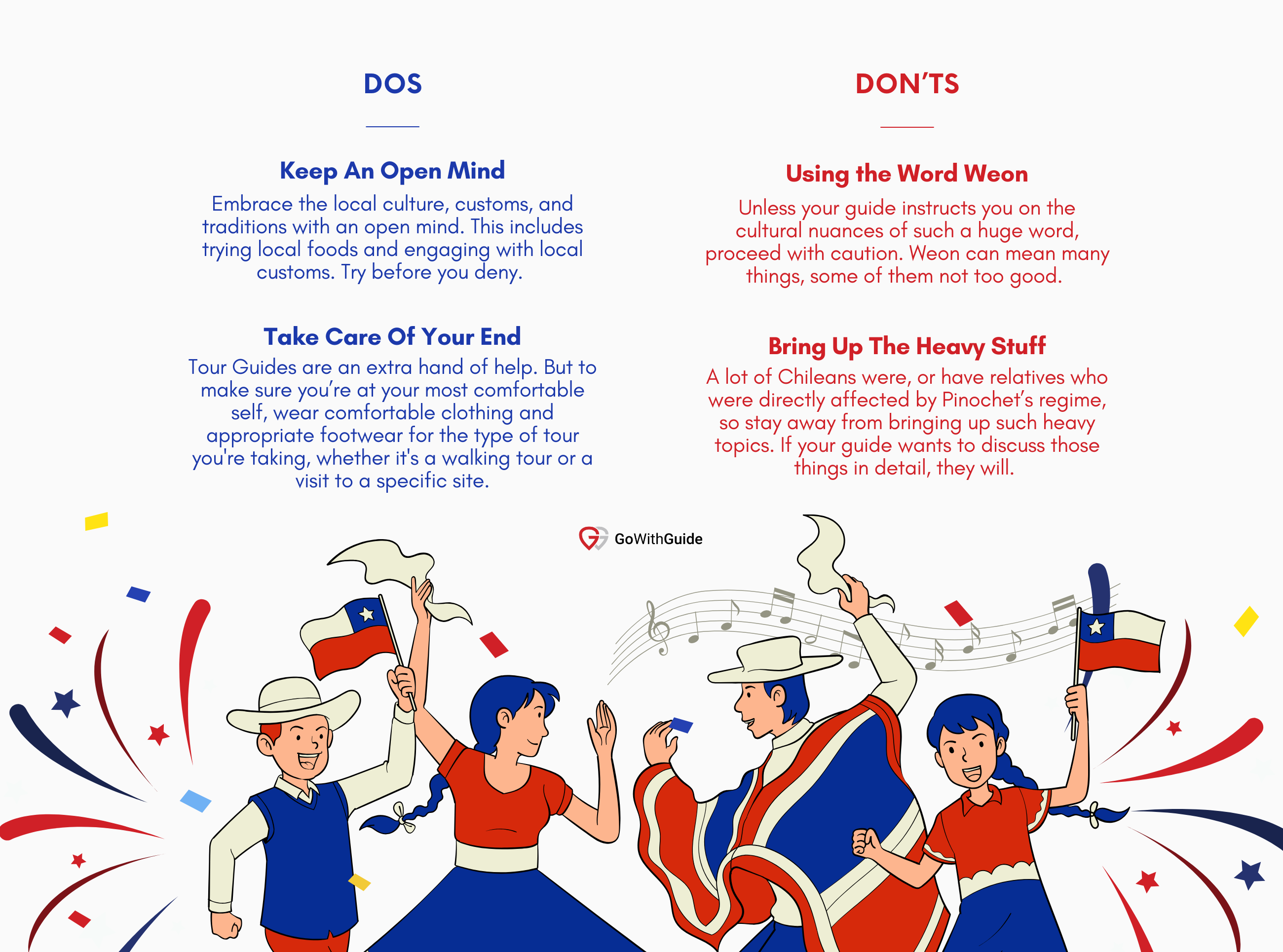 An infographic with two dos and two dont's for when you're on a guided tour in Santiago de Chile part 1