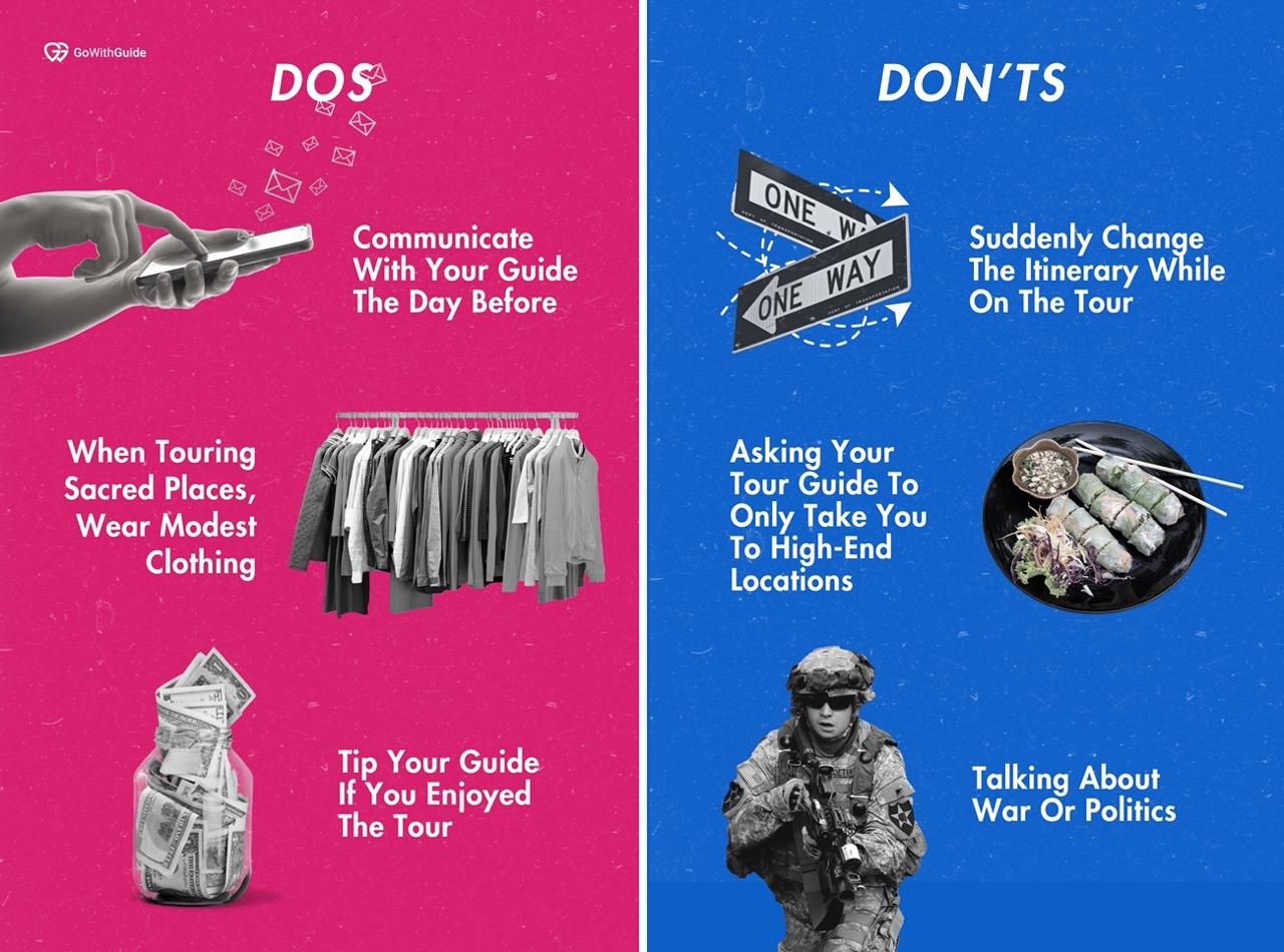 An infographic of three dos & three don'ts for when you're touring Vietnam with a private local guide. 