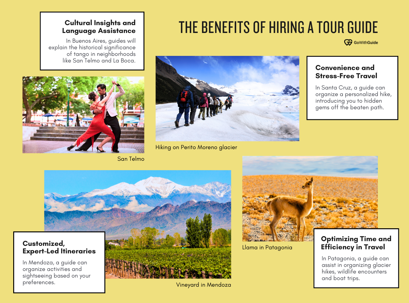 An infographic with four text descriptions that summarise 4 benefits of hiring a guide in Argentina alongside 4 pictures of different attractions in Argentina.