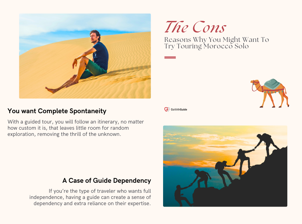 "Infographic titled 'The Cons: Reasons Why You Might Want To Try Touring Morocco Solo' listing two reasons: complete spontaneity and avoiding guide dependency. Features images of a man sitting on sand dunes and a group of hikers helping each other up a mountain, along with an illustration of a camel."