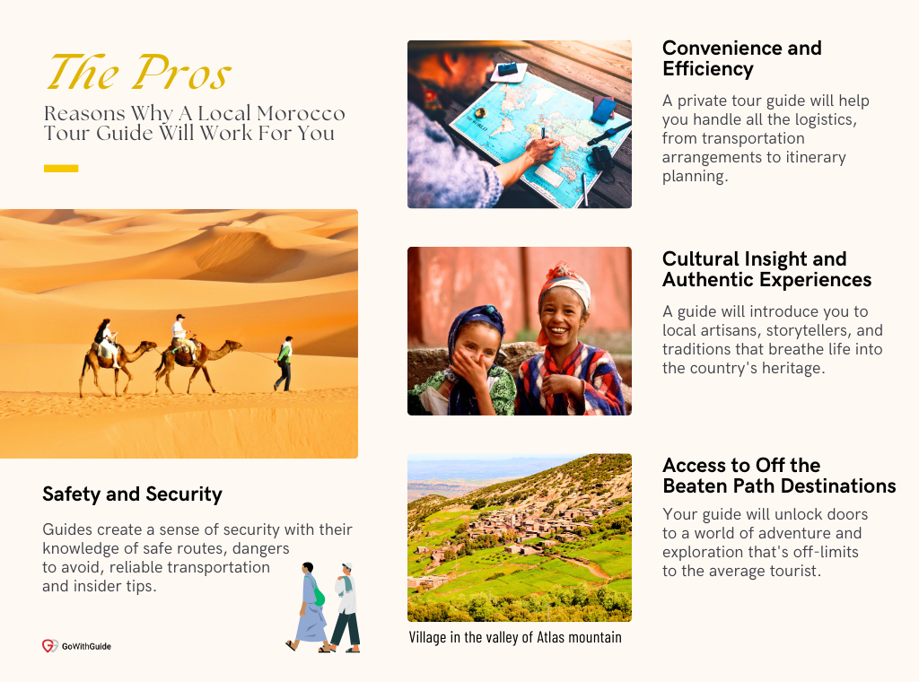 Promotional infographic titled 'The Pros: Reasons Why A Local Morocco Tour Guide Will Work For You' highlighting four benefits of hiring a local tour guide in Morocco. The benefits include convenience and efficiency, cultural insight and authentic experiences, safety and security, and access to off the beaten path destinations. The infographic features images of a map, local artisans, tourists riding camels in the desert, and a village in the Atlas mountains."