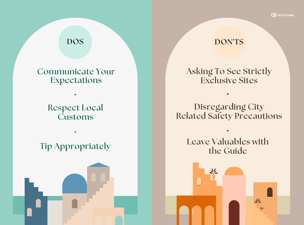 An infographic detailing three dos and three dont's of how to behave on a private guided tour of Morocco.  