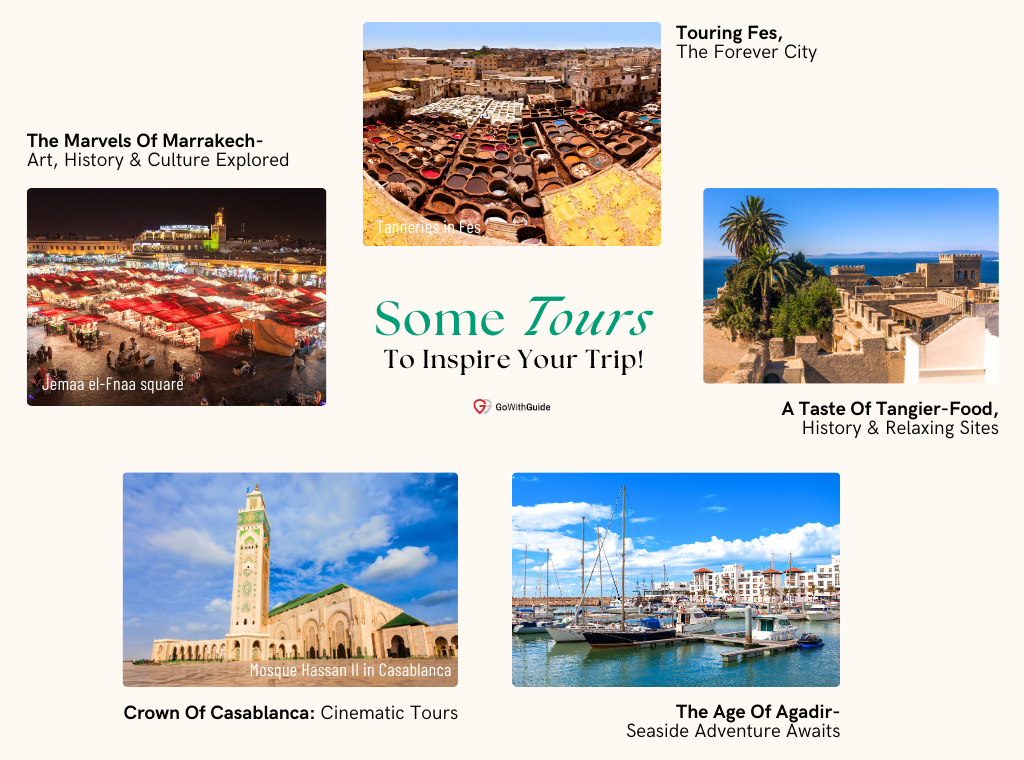 An infographic with five GoWithGuide tours within Morocco (Tangier, Fes, Marrakech, Casablanca and Agadir)