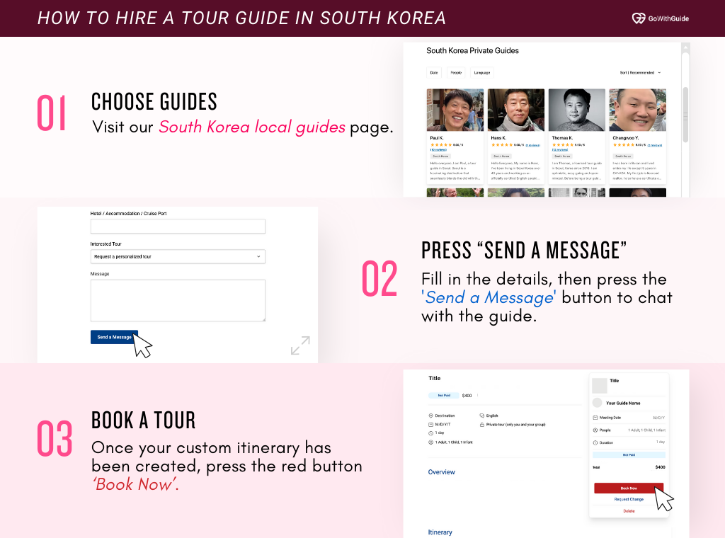 A three step infographics about how to hire a private tour guide in South Korea with GoWithGuide